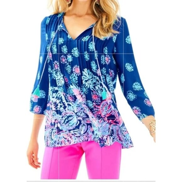 Lilly Pulitzer Marilina Tunic Top XS blue pink tassels pleats - Picture 1 of 9